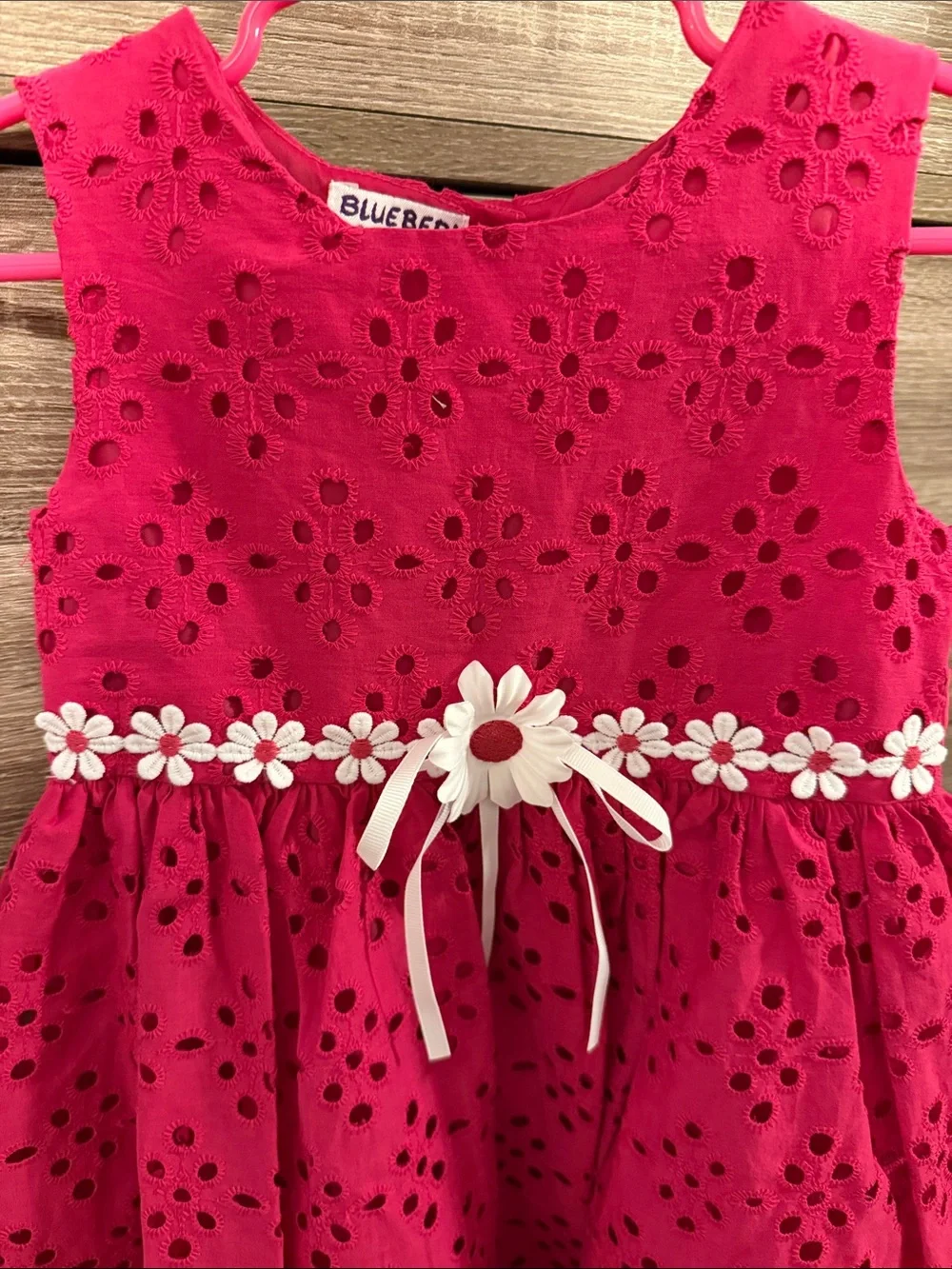 Blueberi Boulevard Hot Pink Eyelet Dress with White Daisy Trim